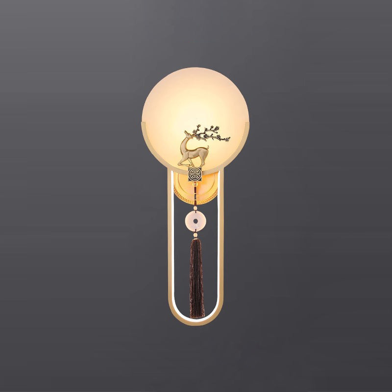 Traditional Chinese Round Deer Marble Copper LED Wall Sconce Lamp For Living Room