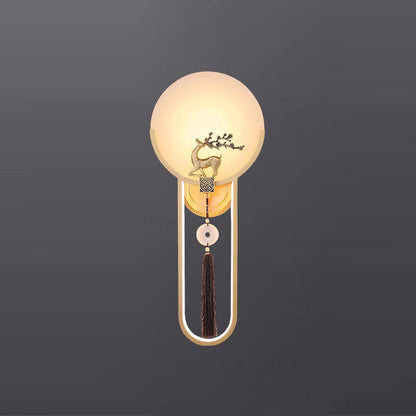 Traditional Chinese Round Deer Marble Copper LED Wall Sconce Lamp For Living Room