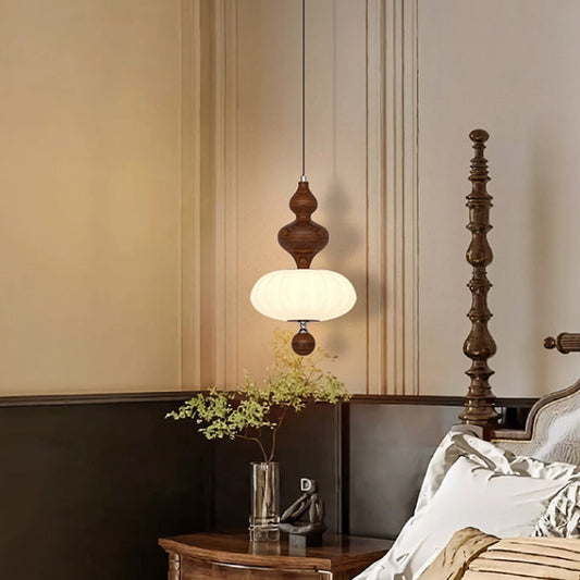 Contemporary Retro Gourd Iron Glass Solid Wood LED Pendant Light For Bedroom