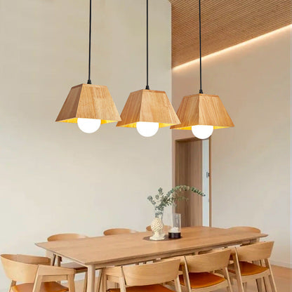 Traditional Japanese Trapezoid Orb Rubber Wood 1/3 - Light Chandelier For Dining Room