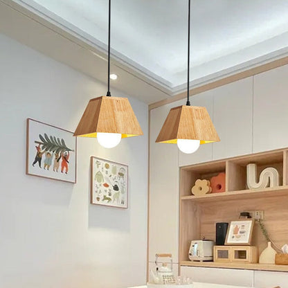 Traditional Japanese Trapezoid Orb Rubber Wood 1/3 - Light Chandelier For Dining Room