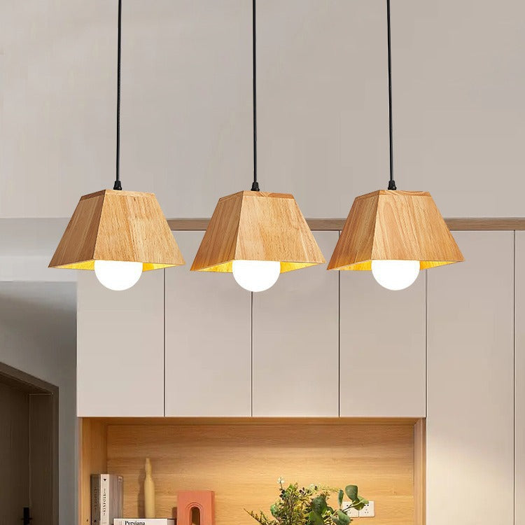 Traditional Japanese Trapezoid Orb Rubber Wood 1/3 - Light Chandelier For Dining Room