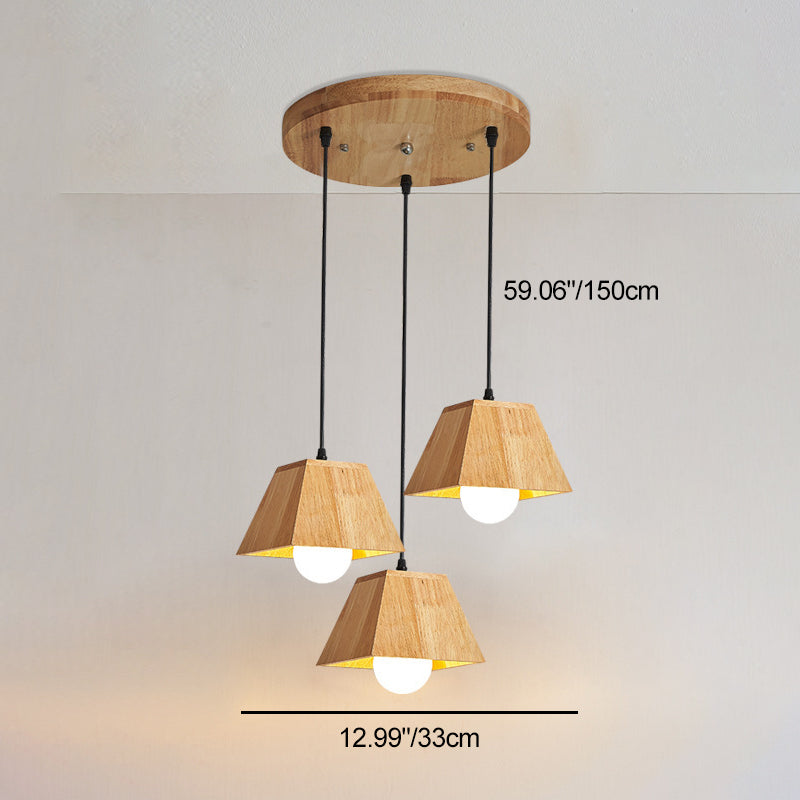 Traditional Japanese Trapezoid Orb Rubber Wood 1/3 - Light Chandelier For Dining Room