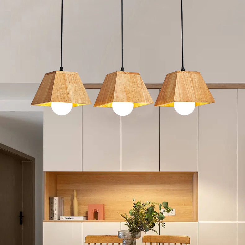 Traditional Japanese Trapezoid Orb Rubber Wood 1/3 - Light Chandelier For Dining Room