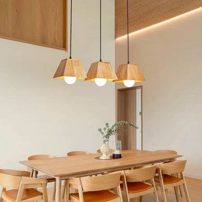 Traditional Japanese Trapezoid Orb Rubber Wood 1/3 - Light Chandelier For Dining Room