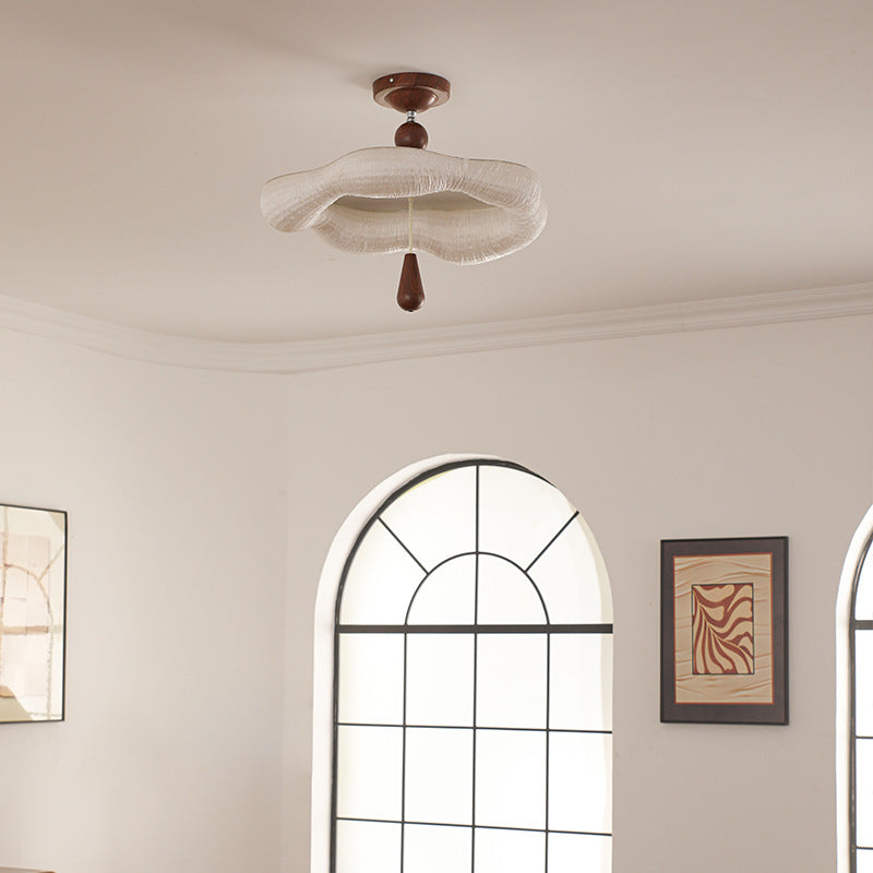 Traditional French Iron Fabric Irregular Corrugated Edge LED Semi-Flush Mount Ceiling Light For Bedroom