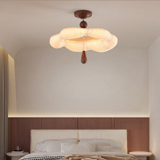 Traditional French Iron Fabric Irregular Corrugated Edge LED Semi-Flush Mount Ceiling Light For Bedroom