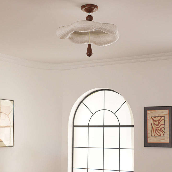 Traditional French Iron Fabric Irregular Corrugated Edge LED Semi-Flush Mount Ceiling Light For Bedroom