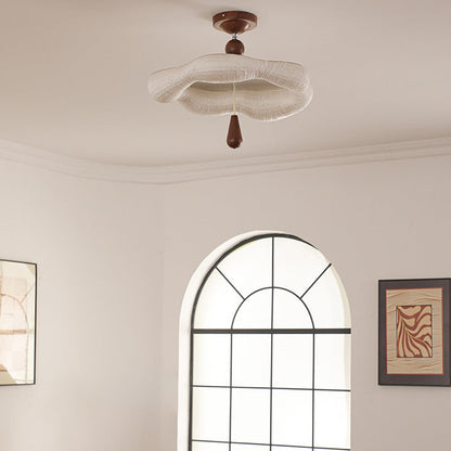 Traditional French Iron Fabric Irregular Corrugated Edge LED Semi-Flush Mount Ceiling Light For Bedroom