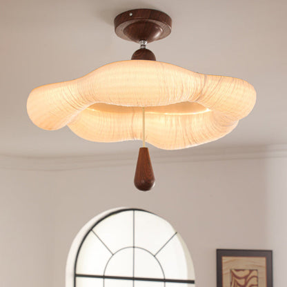 Traditional French Iron Fabric Irregular Corrugated Edge LED Semi-Flush Mount Ceiling Light For Bedroom