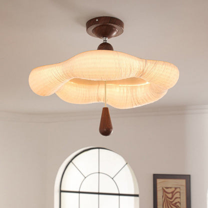 Traditional French Iron Fabric Irregular Corrugated Edge LED Semi-Flush Mount Ceiling Light For Bedroom