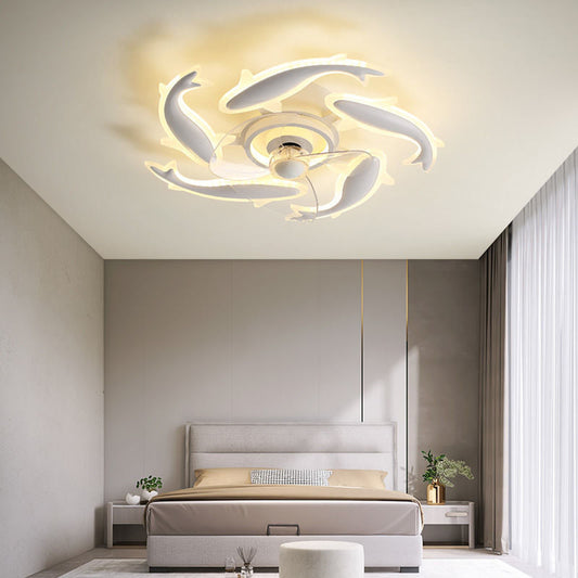 Contemporary Creative Goldfish Iron Acrylic Aluminum LED Semi-Flush Mount Ceiling Fan Light For Bedroom