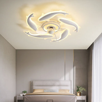 Contemporary Creative Goldfish Iron Acrylic Aluminum LED Semi-Flush Mount Ceiling Fan Light For Bedroom