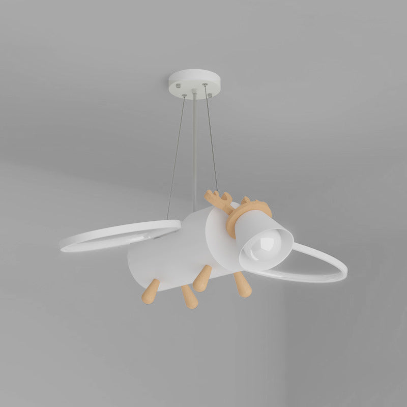 Contemporary Creative Flying Deer Round Wings Kids Iron Wood Aluminum LED Chandelier For Bedroom
