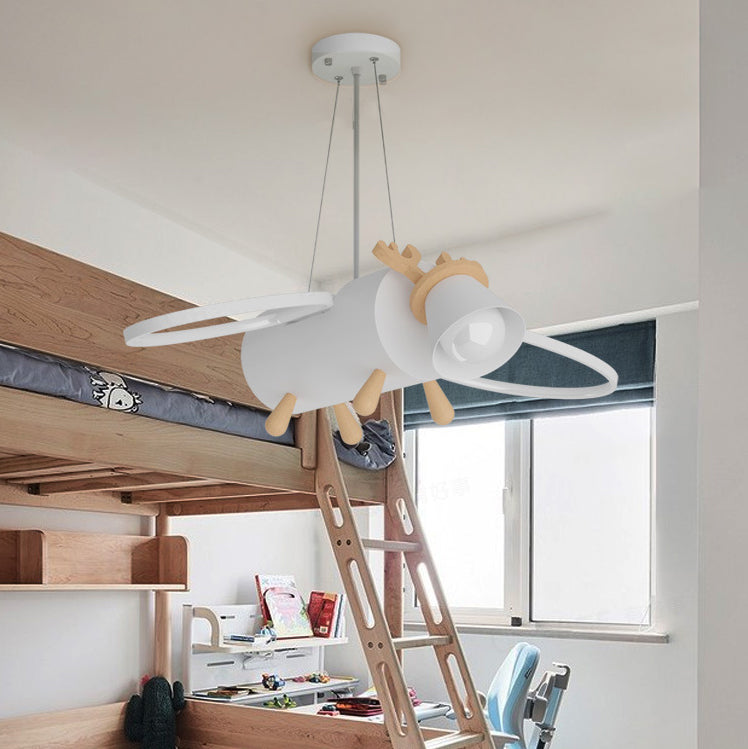 Contemporary Creative Flying Deer Round Wings Kids Iron Wood Aluminum LED Chandelier For Bedroom
