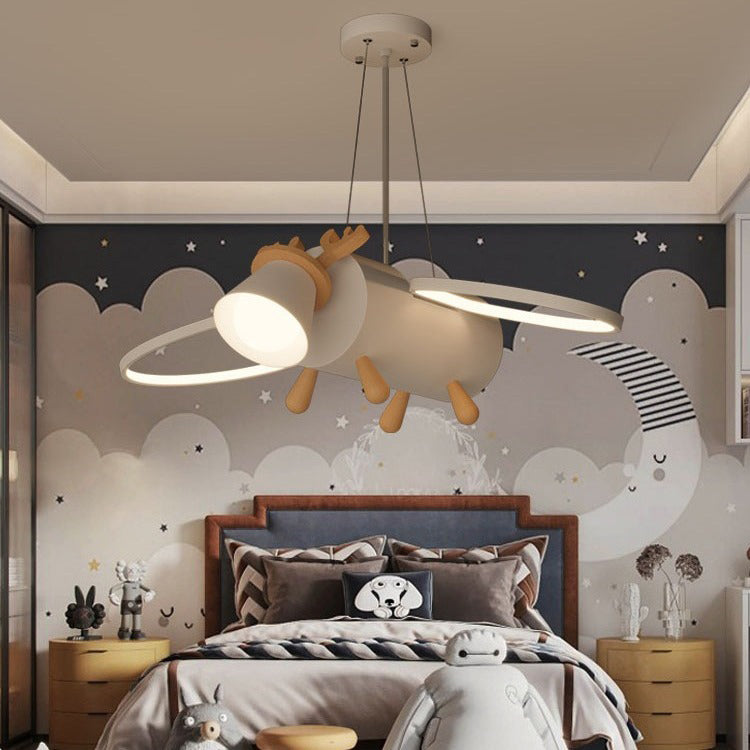 Contemporary Creative Flying Deer Round Wings Kids Iron Wood Aluminum LED Chandelier For Bedroom