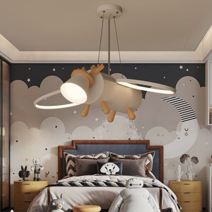Contemporary Creative Flying Deer Round Wings Kids Iron Wood Aluminum LED Chandelier For Bedroom