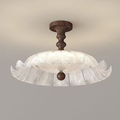 Traditional French Round Petal Iron Glass Acrylic LED Semi-Flush Mount Ceiling Light For Bedroom
