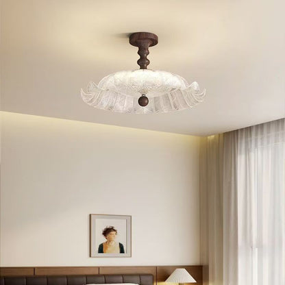 Traditional French Round Petal Iron Glass Acrylic LED Semi-Flush Mount Ceiling Light For Bedroom