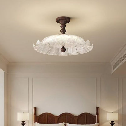 Traditional French Round Petal Iron Glass Acrylic LED Semi-Flush Mount Ceiling Light For Bedroom