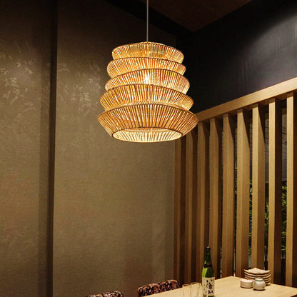 Traditional Japanese Wrinkles Lantern Shape Rattan Weaving 1 - Light Pendant Light For Dining Room