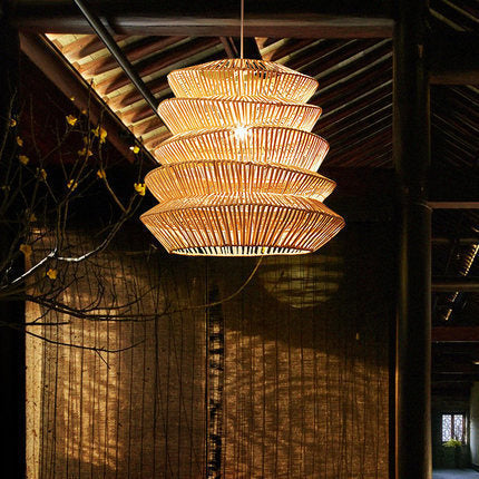 Traditional Japanese Wrinkles Lantern Shape Rattan Weaving 1 - Light Pendant Light For Dining Room