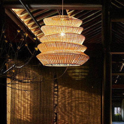 Traditional Japanese Wrinkles Lantern Shape Rattan Weaving 1 - Light Pendant Light For Dining Room