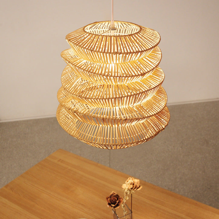 Traditional Japanese Wrinkles Lantern Shape Rattan Weaving 1 - Light Pendant Light For Dining Room