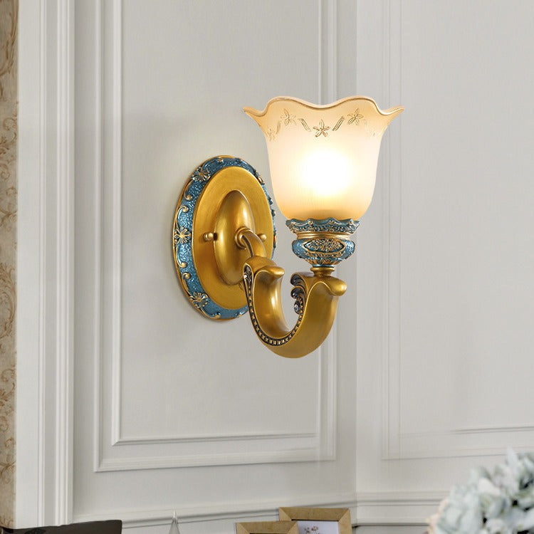 Traditional European Morning Glory Iron Resin Glass 1/2 - Light Wall Sconce Lamp For Hallways