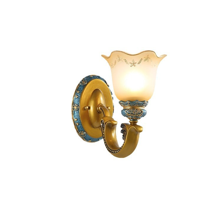 Traditional European Morning Glory Iron Resin Glass 1/2 - Light Wall Sconce Lamp For Hallways