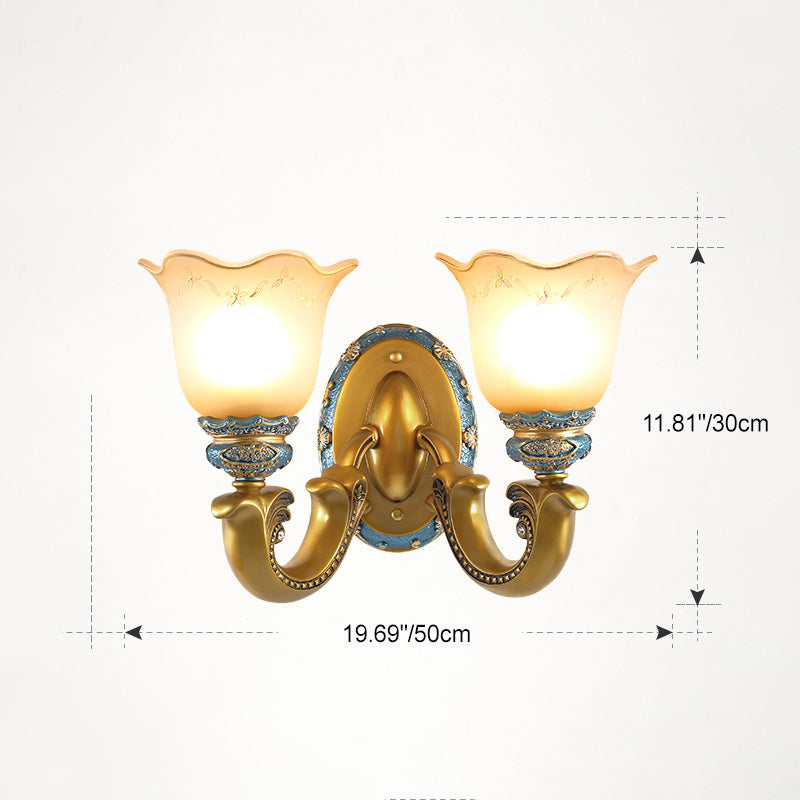 Traditional European Morning Glory Iron Resin Glass 1/2 - Light Wall Sconce Lamp For Hallways