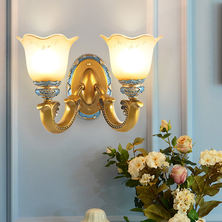 Traditional European Morning Glory Iron Resin Glass 1/2 - Light Wall Sconce Lamp For Hallways