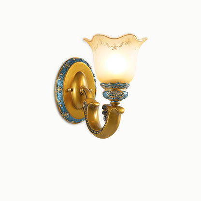 Traditional European Morning Glory Iron Resin Glass 1/2 - Light Wall Sconce Lamp For Hallways