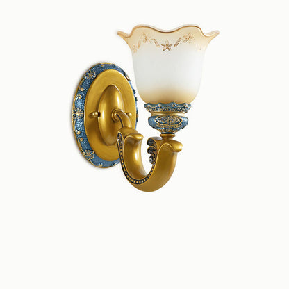 Traditional European Morning Glory Iron Resin Glass 1/2 - Light Wall Sconce Lamp For Hallways