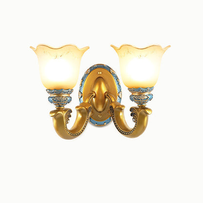 Traditional European Morning Glory Iron Resin Glass 1/2 - Light Wall Sconce Lamp For Hallways