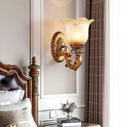 Traditional European Morning Glory Resin Glass 1 - Light Wall Sconce Lamp For Hallways