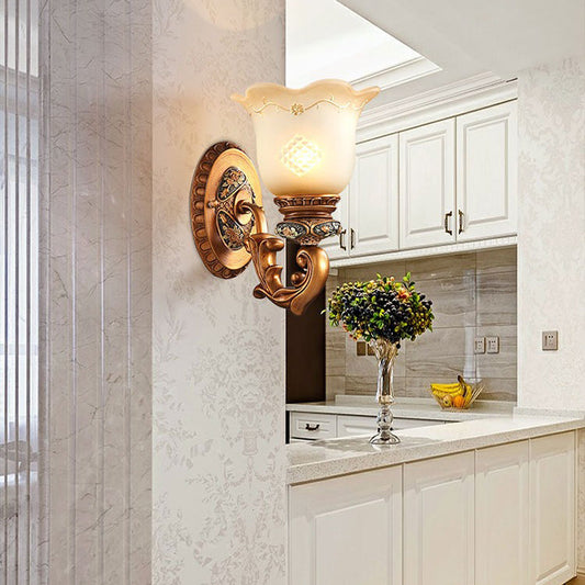 Traditional European Morning Glory Resin Glass 1 - Light Wall Sconce Lamp For Hallways