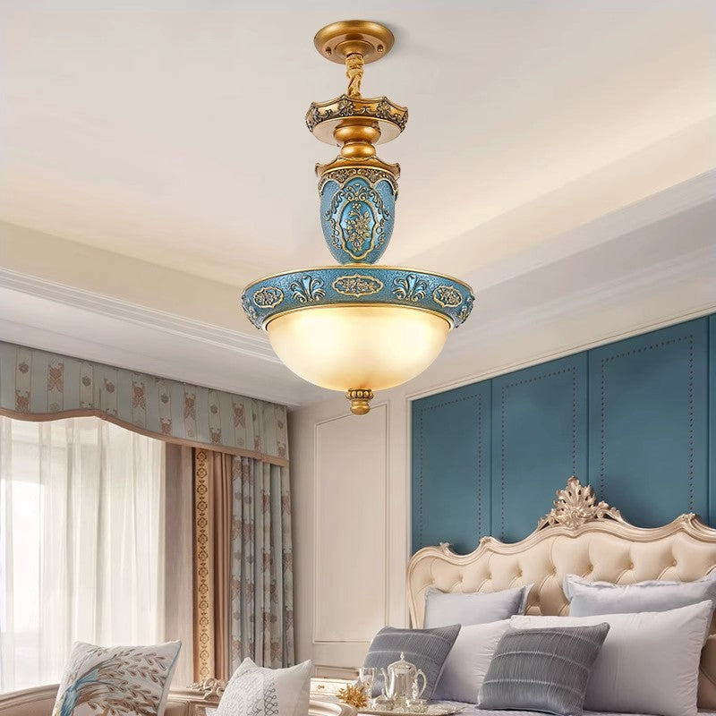 Traditional European Dome Carved Iron Resin Glass 3 - Light Pendant Light For Dining Room