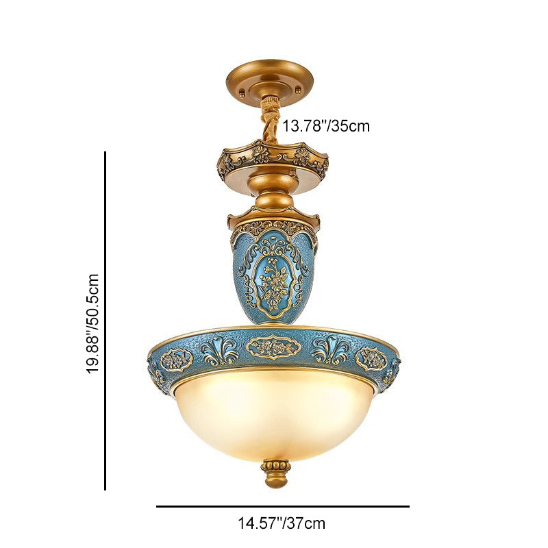 Traditional European Dome Carved Iron Resin Glass 3 - Light Pendant Light For Dining Room