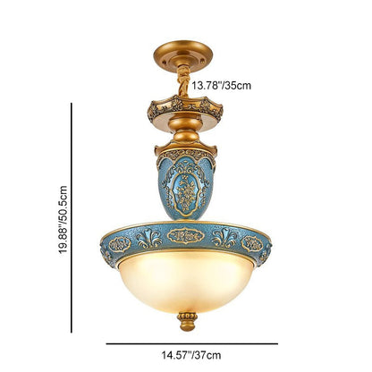 Traditional European Dome Carved Iron Resin Glass 3 - Light Pendant Light For Dining Room