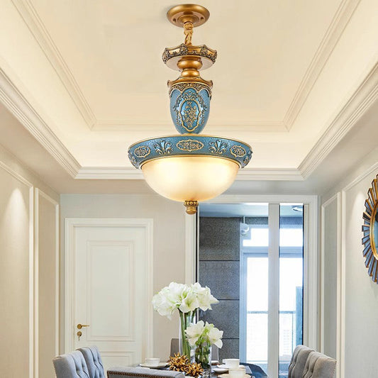 Traditional European Dome Carved Iron Resin Glass 3 - Light Pendant Light For Dining Room
