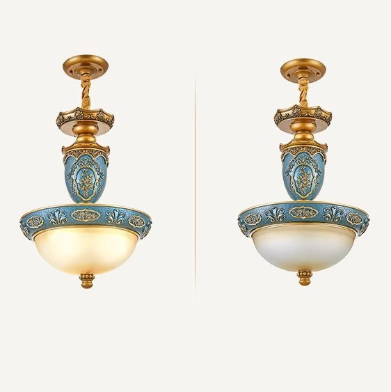 Traditional European Dome Carved Iron Resin Glass 3 - Light Pendant Light For Dining Room