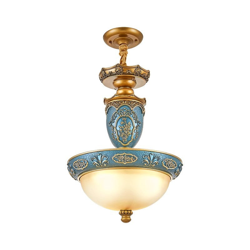 Traditional European Dome Carved Iron Resin Glass 3 - Light Pendant Light For Dining Room