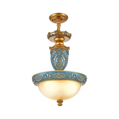 Traditional European Dome Carved Iron Resin Glass 3 - Light Pendant Light For Dining Room