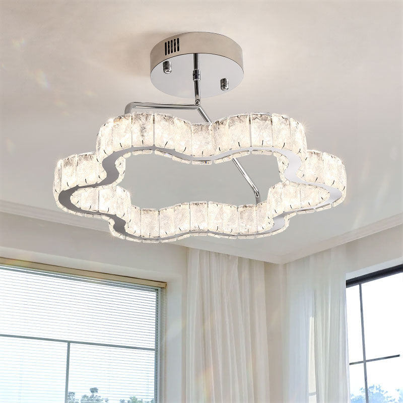 Contemporary Nordic Cloud Shape Stainless Steel Crystal LED Semi-Flush Mount Ceiling Light For Bedroom
