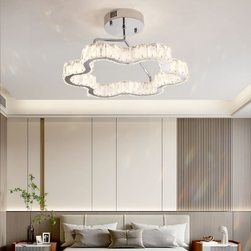 Contemporary Nordic Cloud Shape Stainless Steel Crystal LED Semi-Flush Mount Ceiling Light For Bedroom