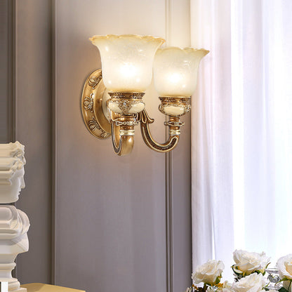 Traditional European Morning Glory Iron Resin Glass 1/2 - Light Wall Sconce Lamp For Hallways
