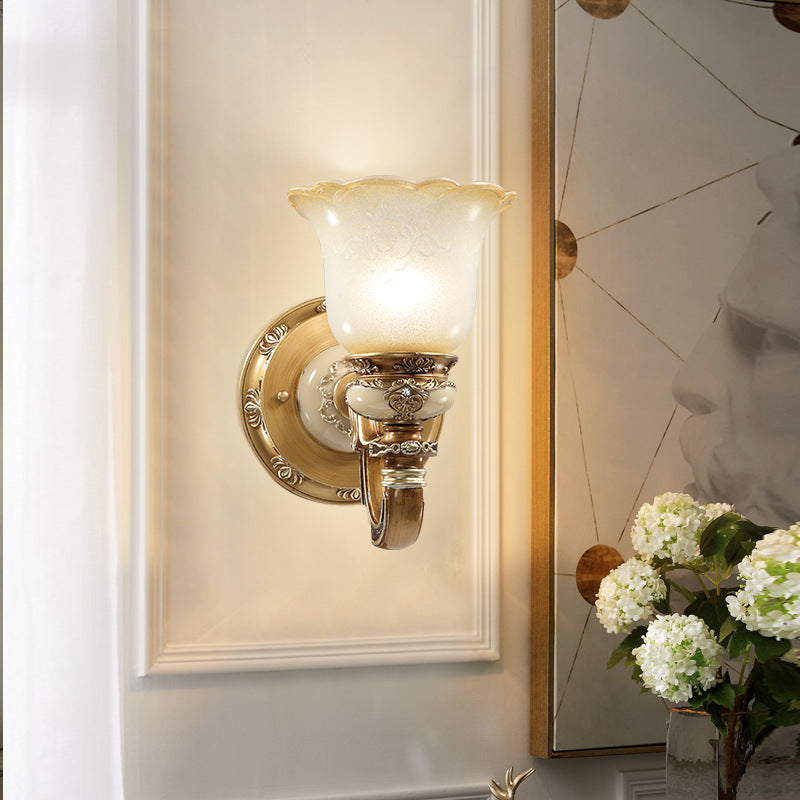 Traditional European Morning Glory Iron Resin Glass 1/2 - Light Wall Sconce Lamp For Hallways