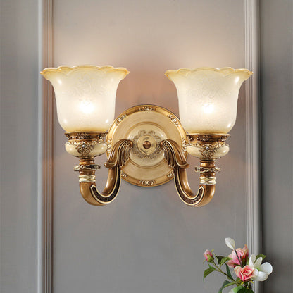 Traditional European Morning Glory Iron Resin Glass 1/2 - Light Wall Sconce Lamp For Hallways