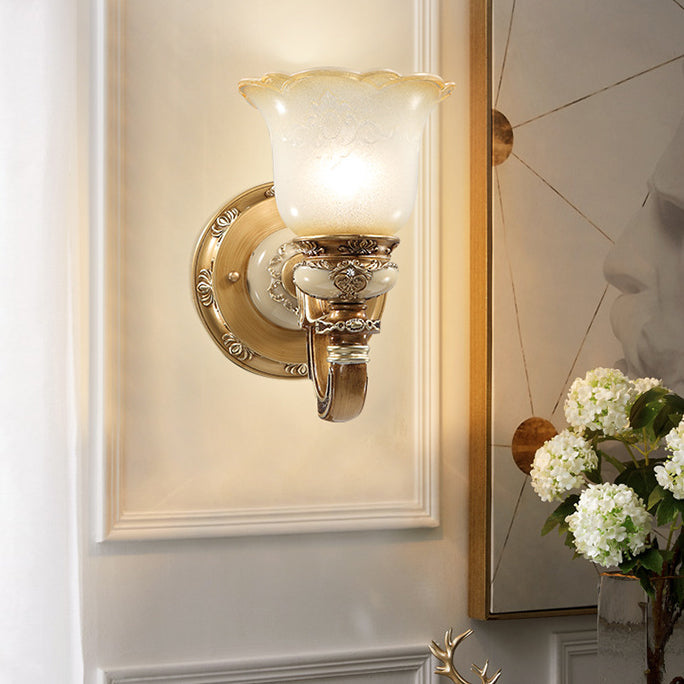 Traditional European Morning Glory Iron Resin Glass 1/2 - Light Wall Sconce Lamp For Hallways